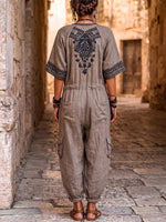 Women's Placement-print V-neck Short-sleeve Casual Loose Cotton-linen Wide-leg Jumpsuit