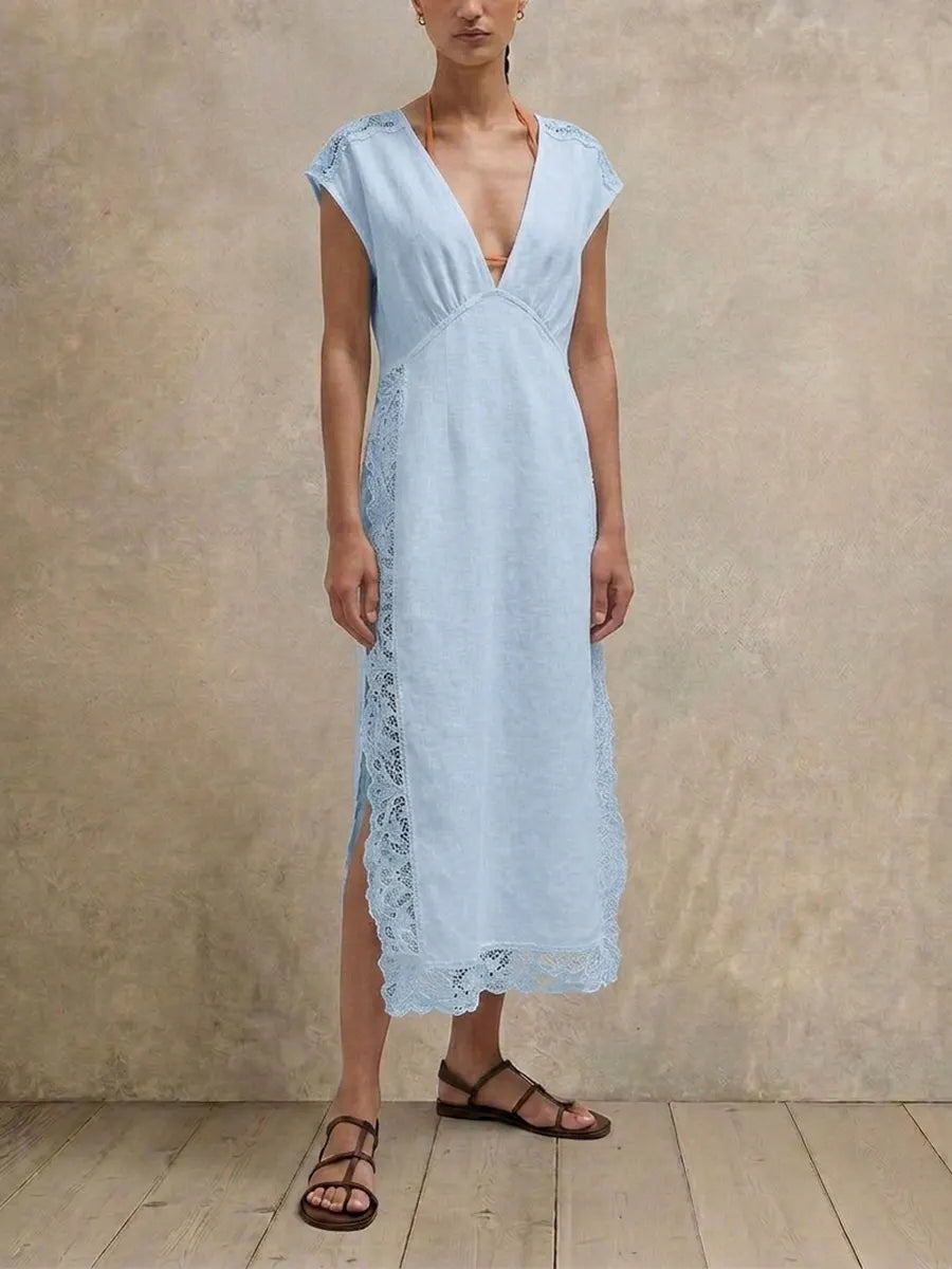 Women White Crinkled V Neck Cap Sleeve Midi Cover Up Dress, Lace Trim Side Split Beach Swimwear Kaftan for Vacation