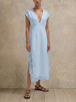 Women White Crinkled V Neck Cap Sleeve Midi Cover Up Dress, Lace Trim Side Split Beach Swimwear Kaftan for Vacation