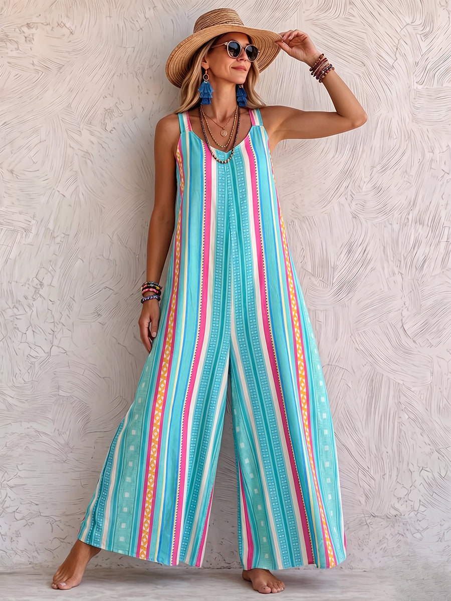 Mono holgado drapeado de rayas estilo boho vintage