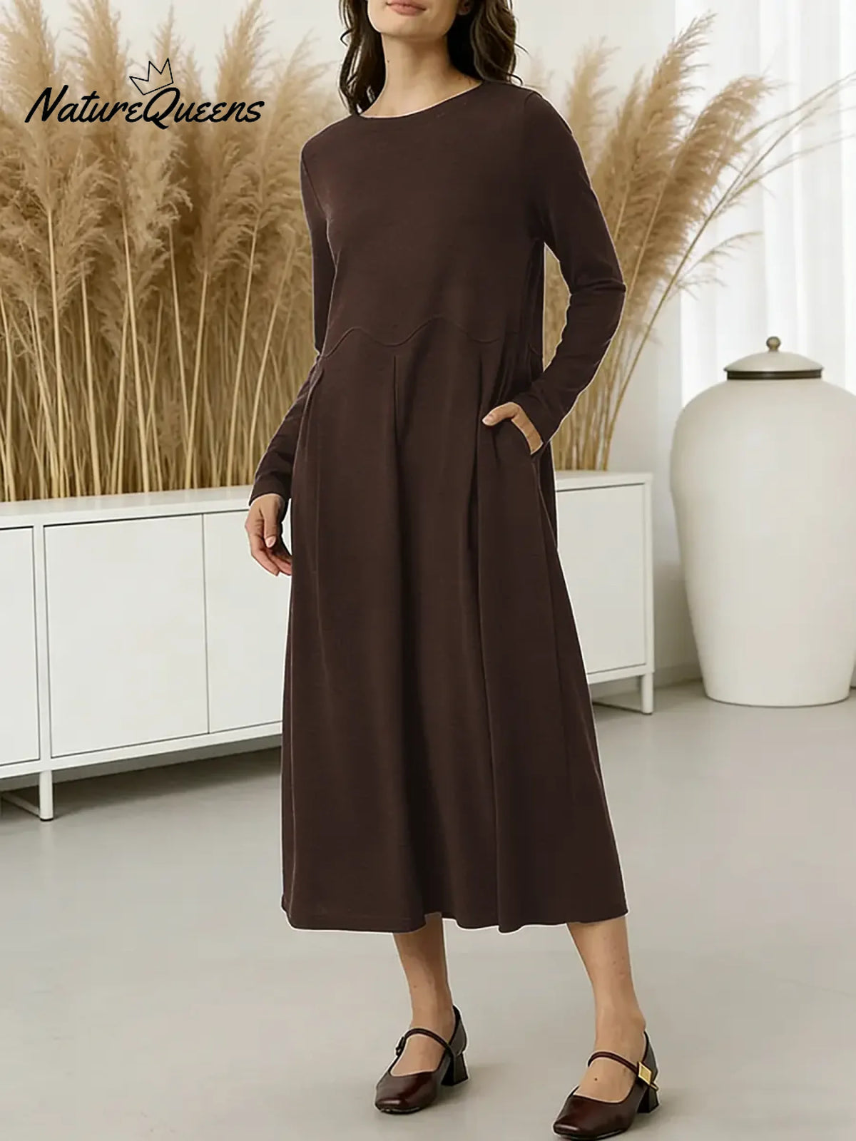 Women's Solid Color Round Neck Long Sleeve Casual Loose Knit Dress