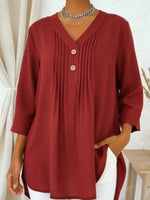 Casual V-neck Pleated Button-down Loose-fitting Linen-cotton Top