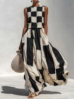Women's Geometric Print Round-neck Sleeveless Casual Loose Cotton-linen Dress