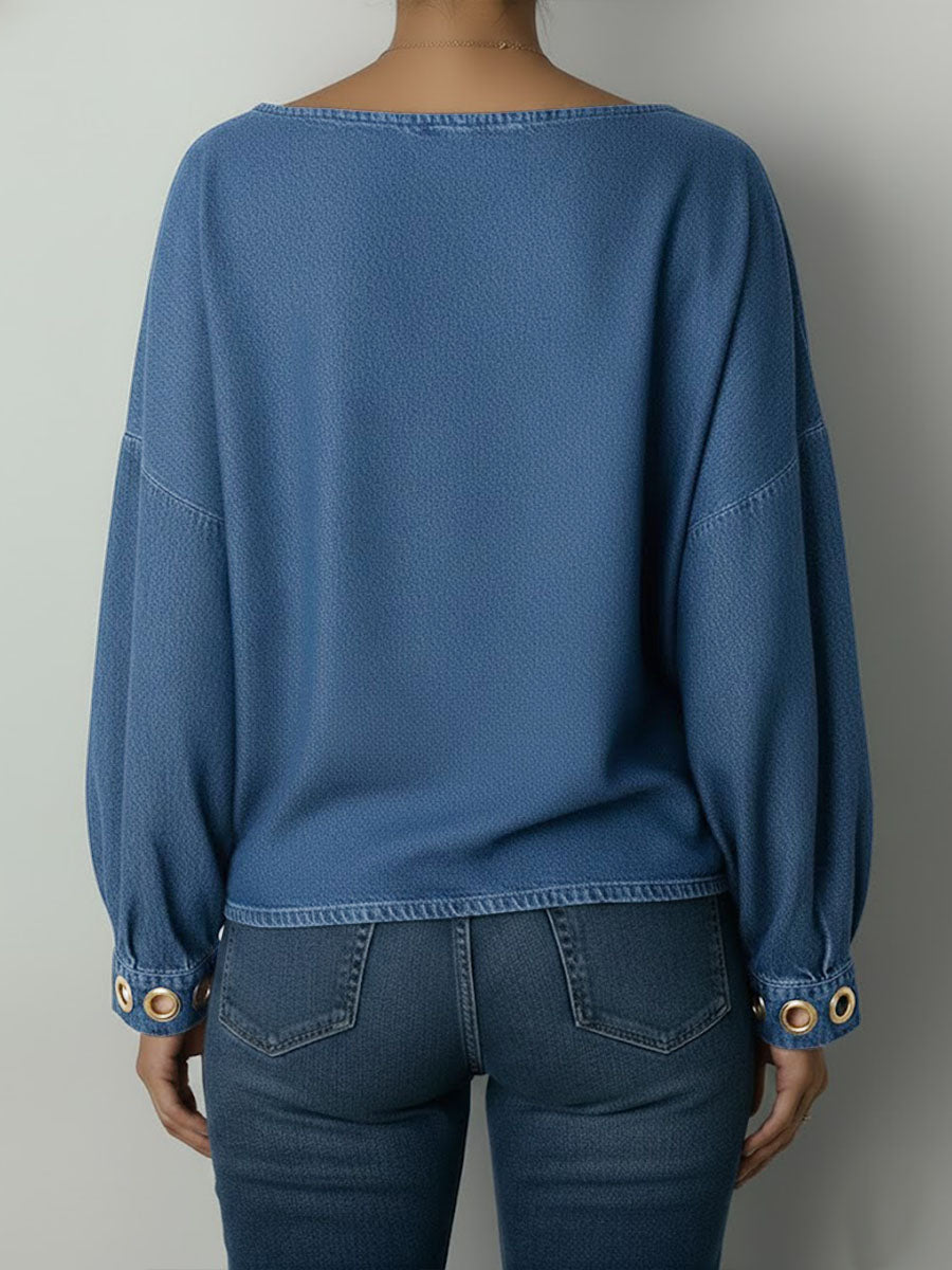 Women's Round Neck Metal Eyelet Cutout Design Casual Loose Long-sleeved Denim Top.