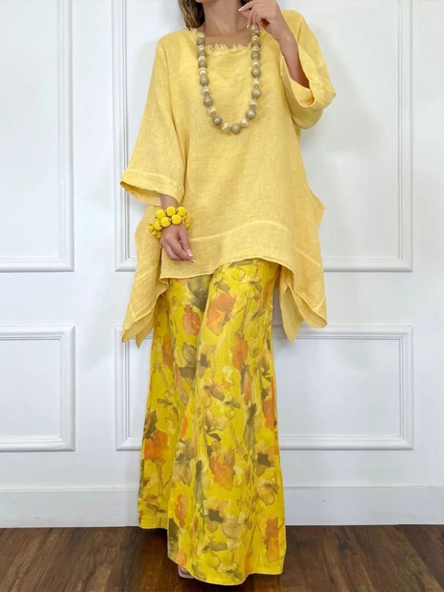 Loose-fit Casual Linen & Cotton Top And Floral-print Pants Two-piece Set