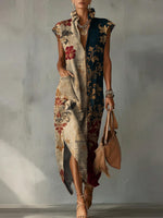 Casual Loose-fit Cotton-linen Dress With Cap Sleeves And Vintage Contrast Floral Print