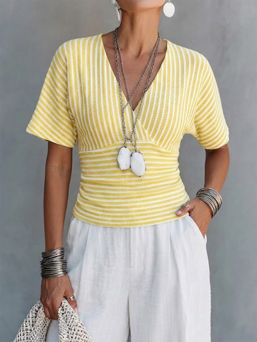 Slimming V-neck Striped Top With Batwing Sleeves And A Fitted Waist