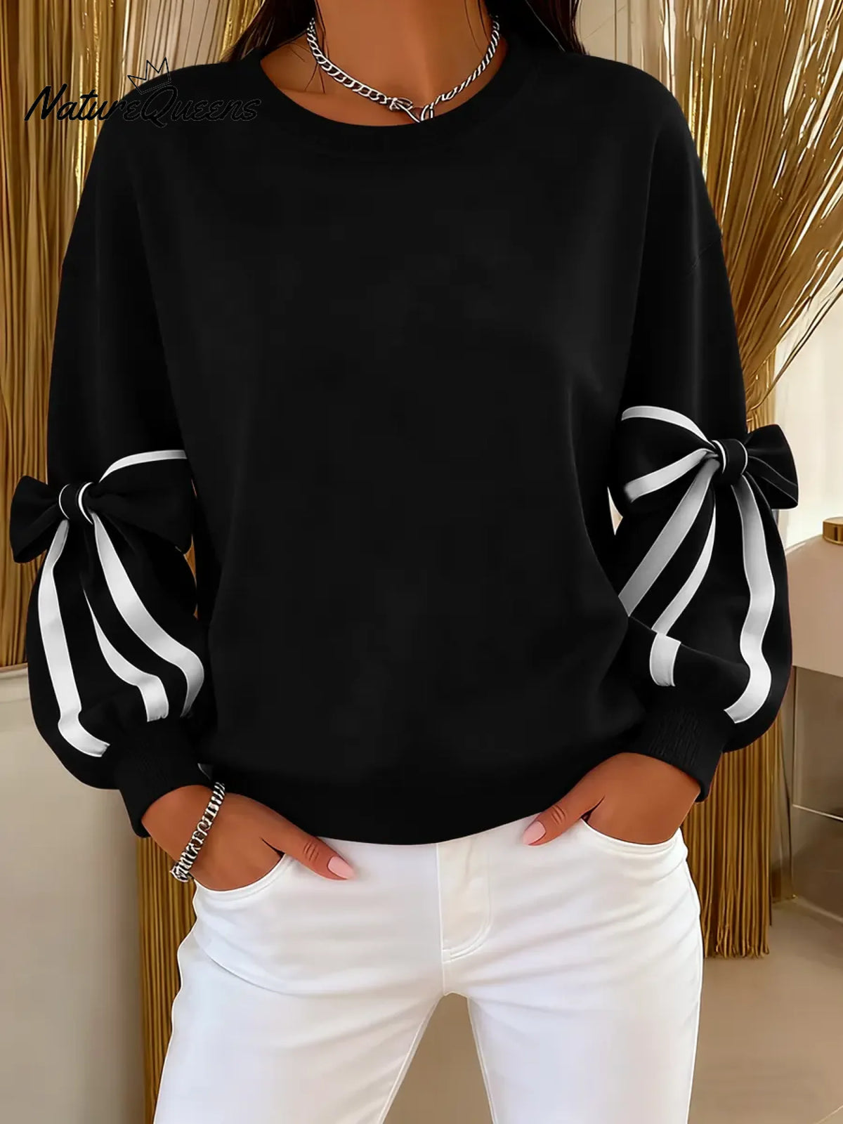 Women's Crew Neck Long Sleeve Color Block Bow Casual Loose Sweatshirt
