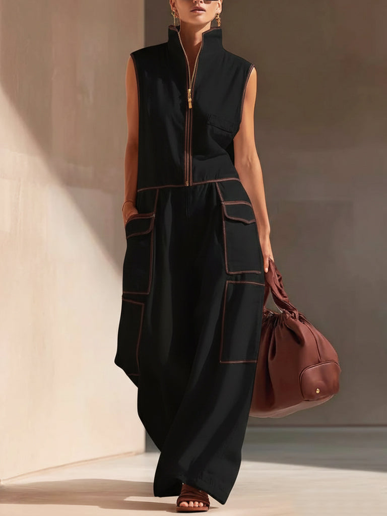 Casual Loose-fitting Color-blocked Workwear Jumpsuit