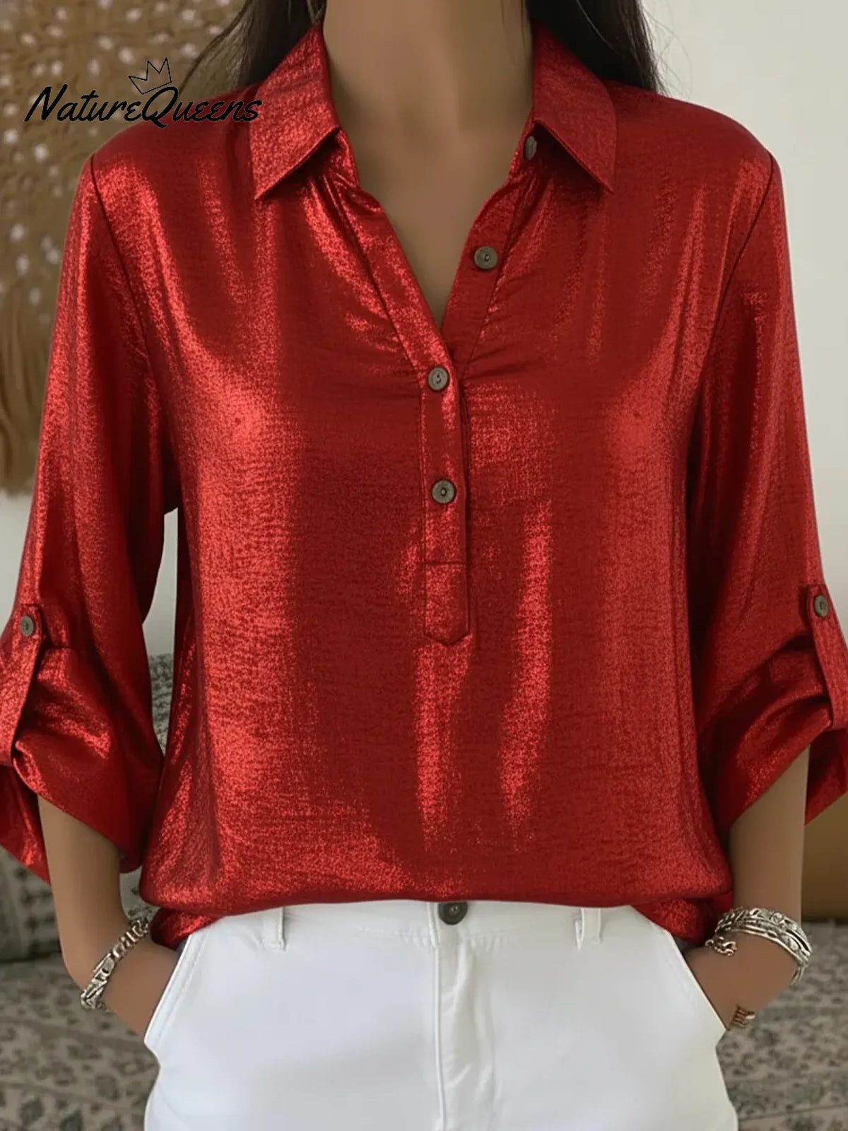 Women's Henley Collar Satin Shirt
