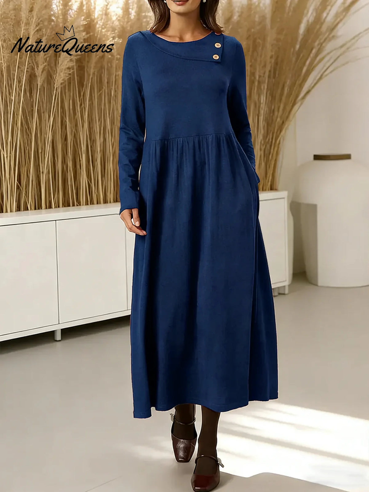 Women's Solid Color Round Neck Long Sleeve Casual Loose Cotton Dress