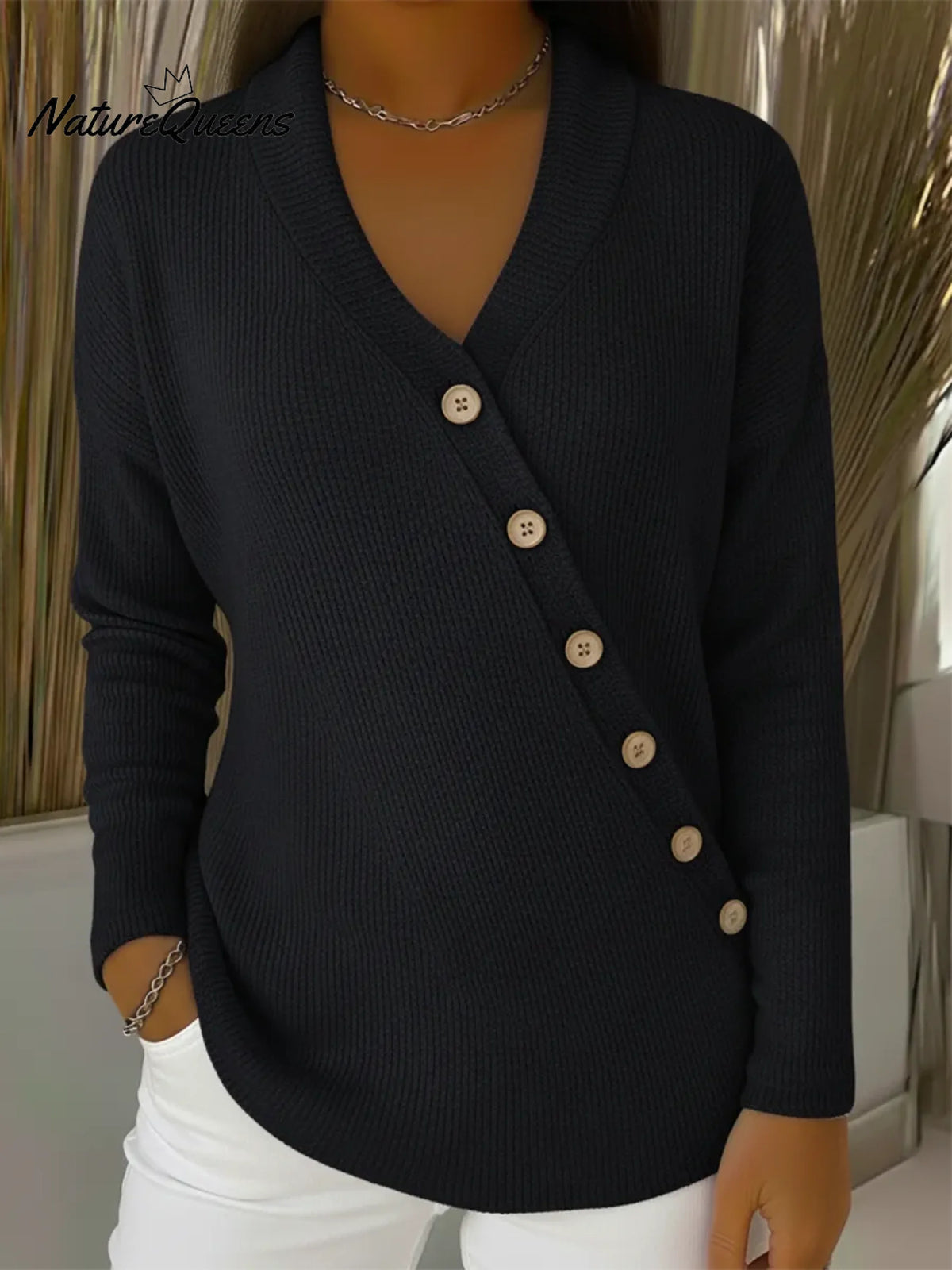 Casual Solid Color V-neck Oblique Button Cardigan Sweater