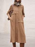Women's Solid Color Lapel Long-sleeved Casual Loose Cotton And Linen Shirt Dress