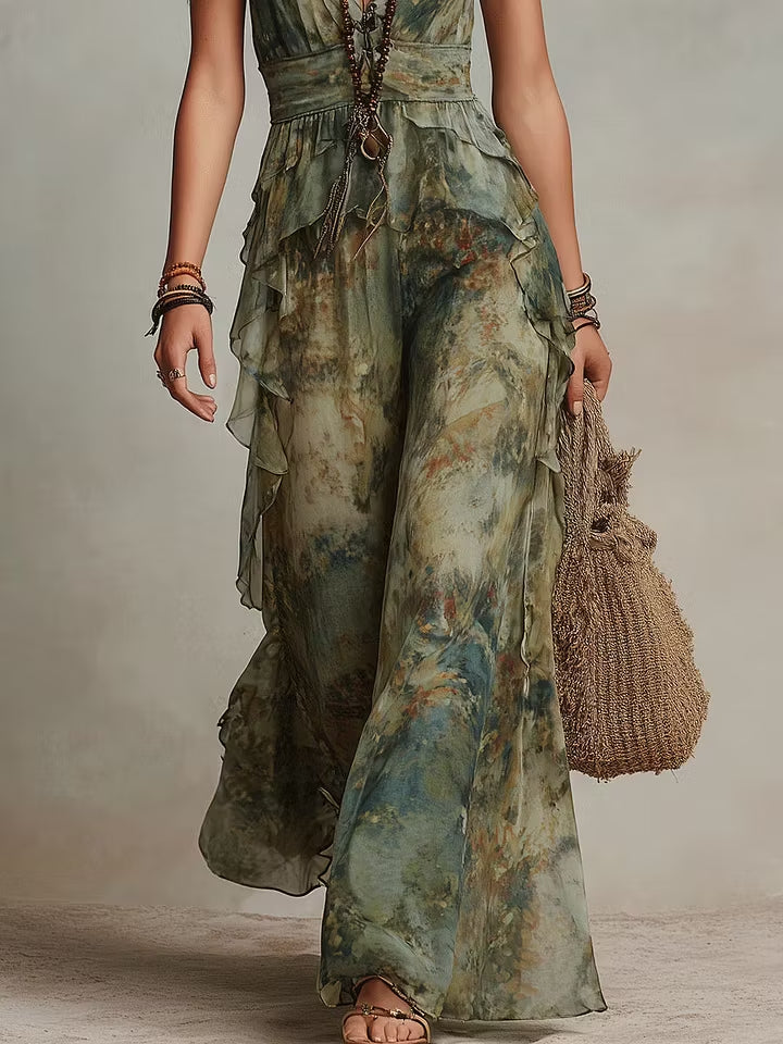 Green Watercolor Print Tiered Ruffle Chiffon Halter Neck Jumpsuit