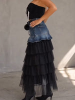 Stylish Casual Spliced mesh And Denim Skirt