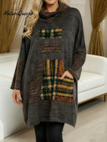 Women's Geometric Print Swing Neck Long Sleeve Casual Loose Knit Top