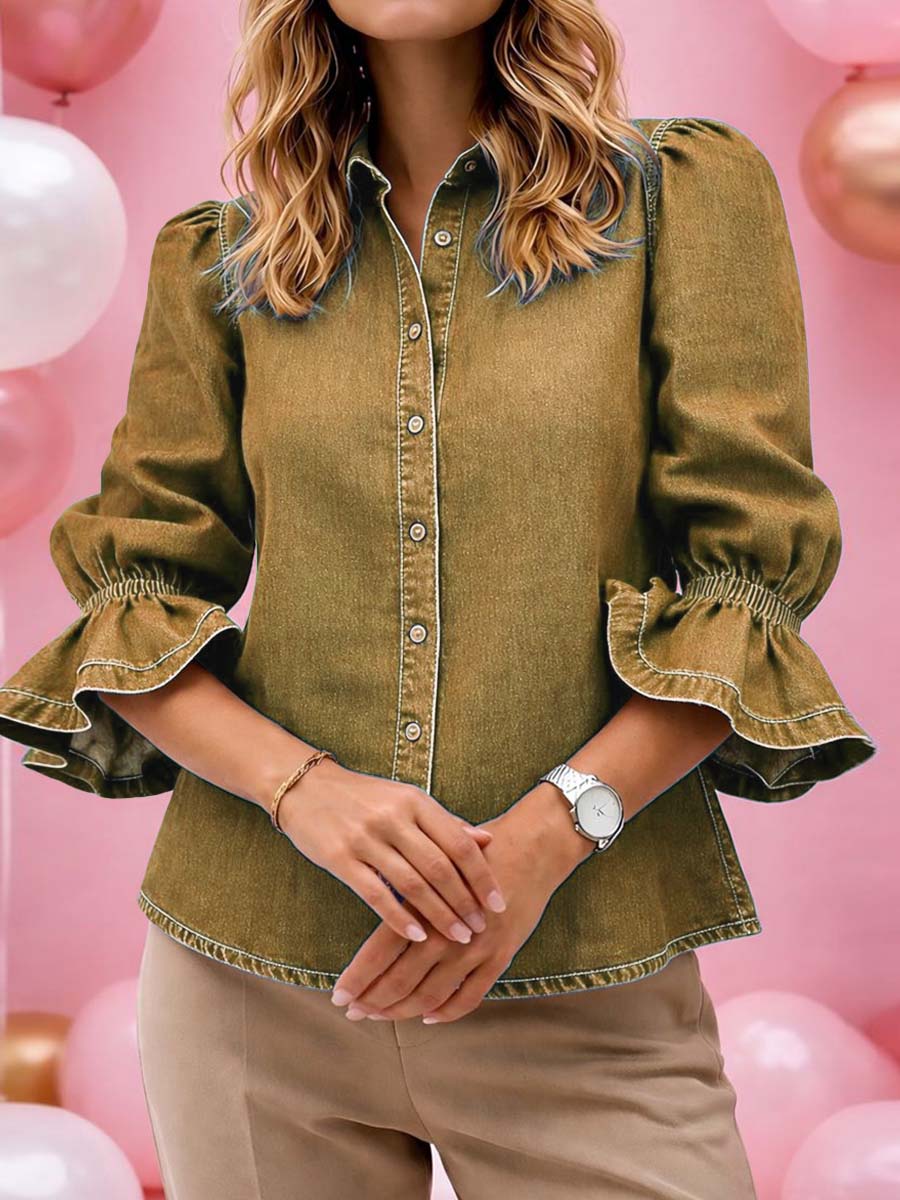 Women's Lapel Long-sleeved Loose Casual Denim Shirt