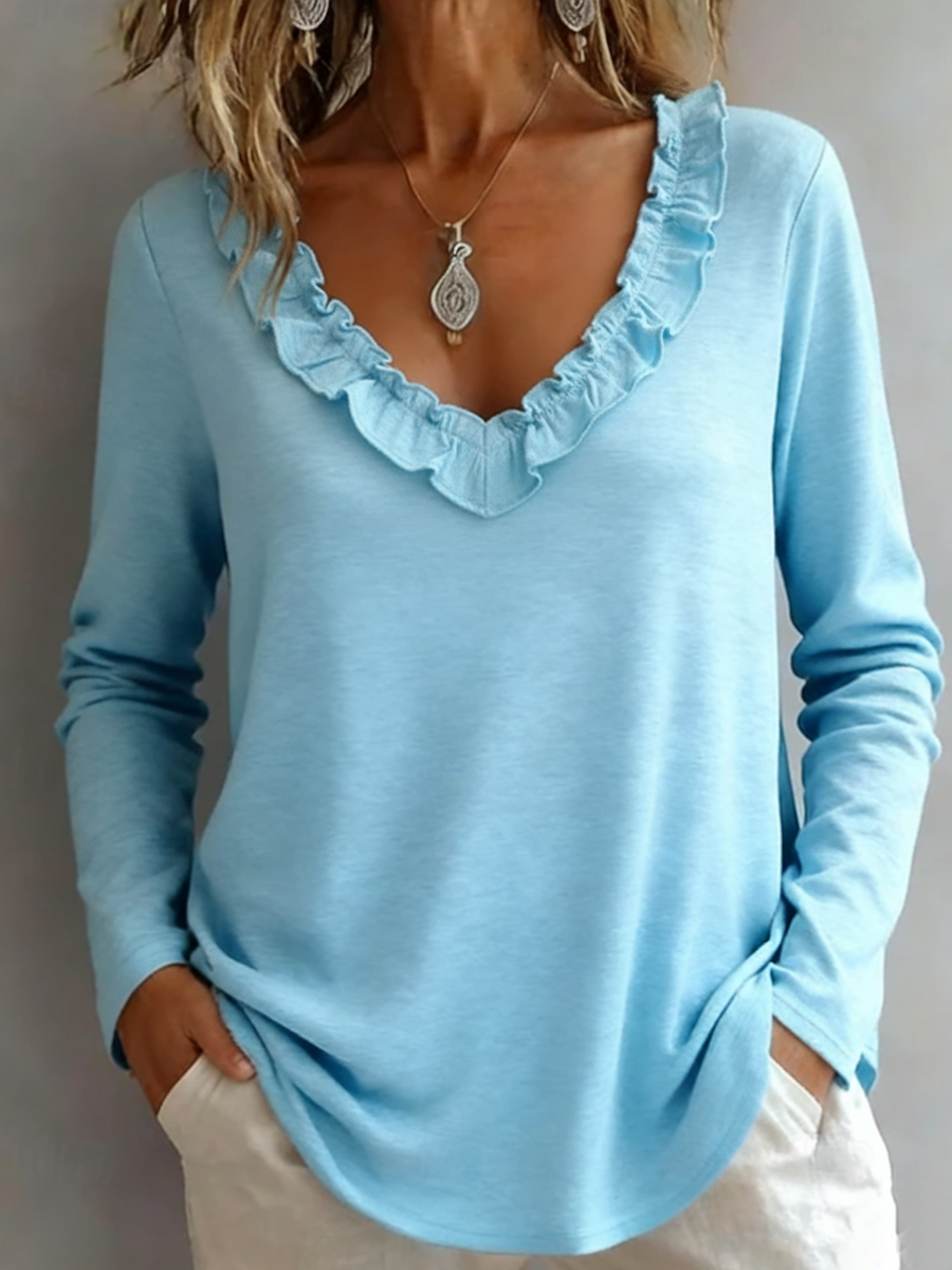 Cozy Ruffled V-neck Cotton Top