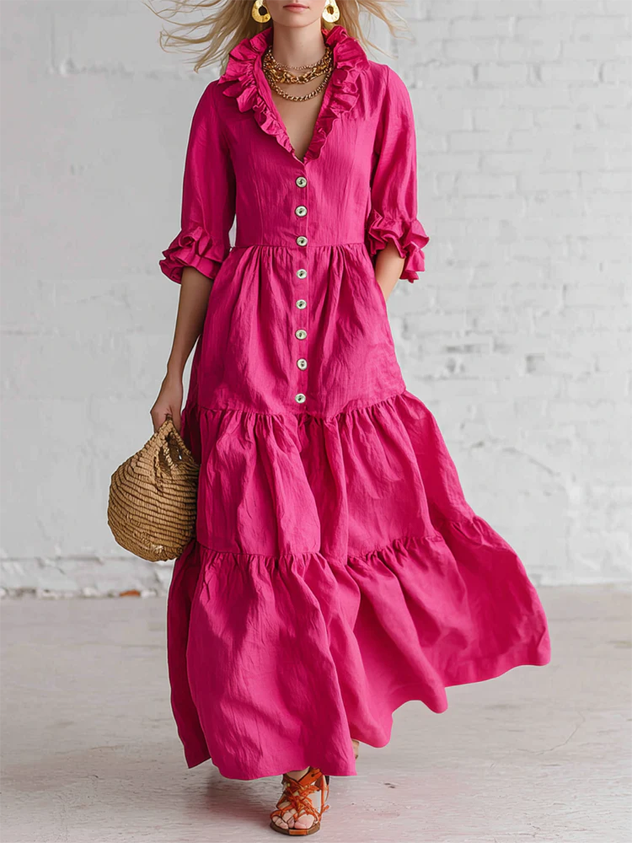 Retro Ruffled Stand-collar Maxi Dress