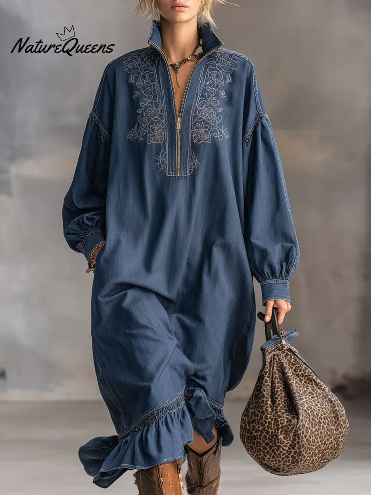 Women's Stand Collar Long Sleeve Casual Loose Ruffled Cotton Dress