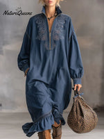 Women's Stand Collar Long Sleeve Casual Loose Ruffled Cotton Dress