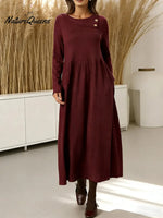 Women's Solid Color Round Neck Long Sleeve Casual Loose Cotton Dress