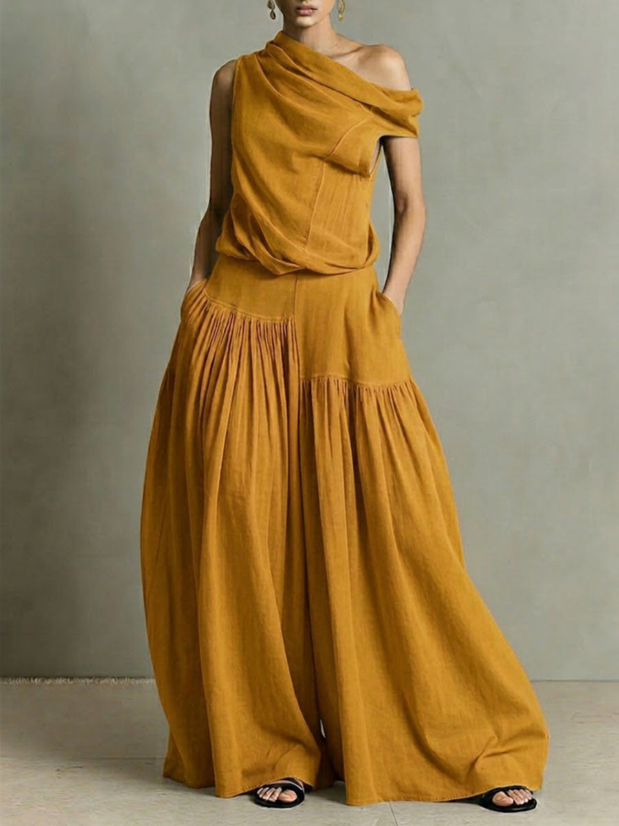 Women's Round Neck Sleeveless Casual Loose Top And High-waisted Casual Loose Wide-leg Pants Cotton And Linen Set