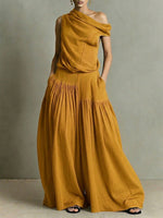 Women's Round Neck Sleeveless Casual Loose Top And High-waisted Casual Loose Wide-leg Pants Cotton And Linen Set