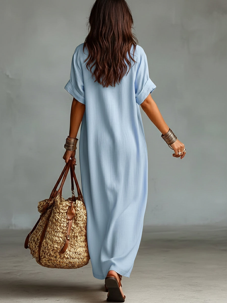 Loose-fitting V-neck Linen And Cotton Dress