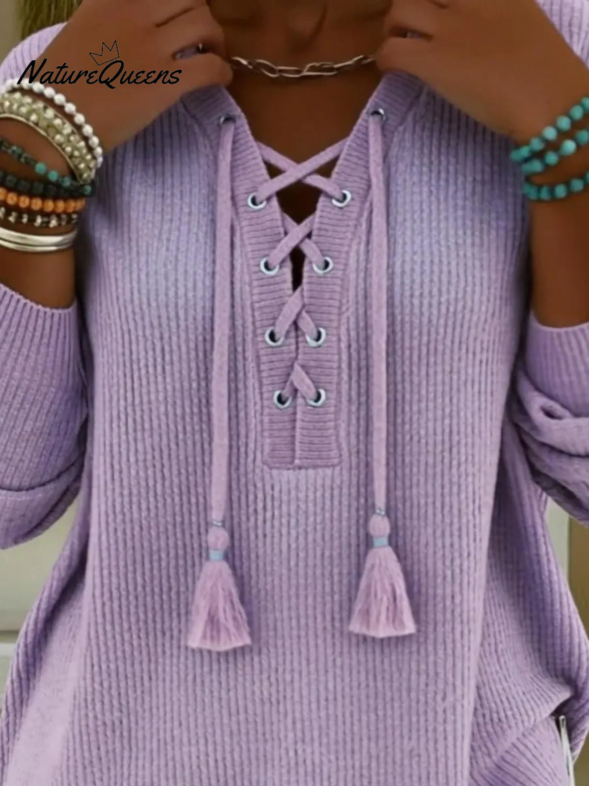 Boho Style Casual V-neck Drawstring Tassel Pullover