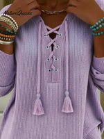 Boho Style Casual V-neck Drawstring Tassel Pullover