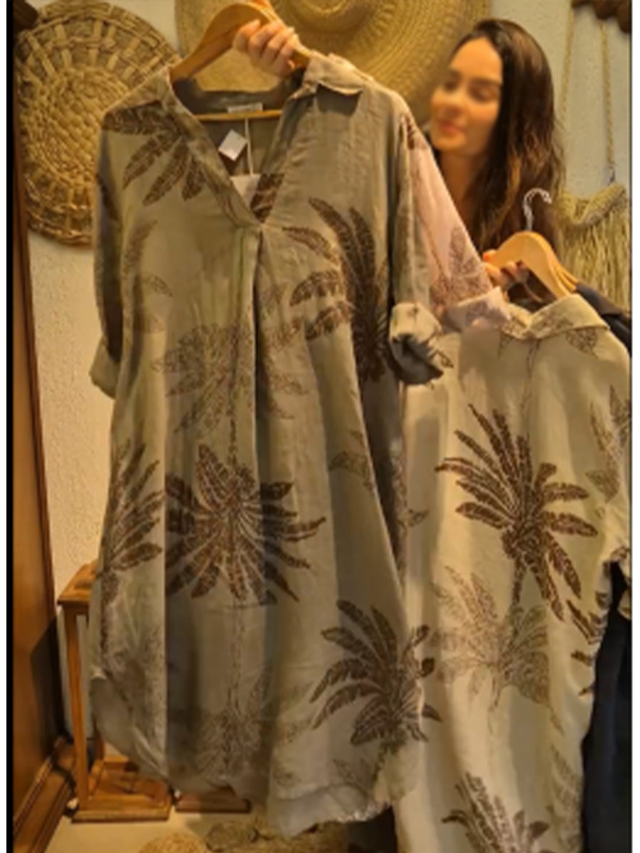Casual Leaf Print Linen And Cotton Dress
