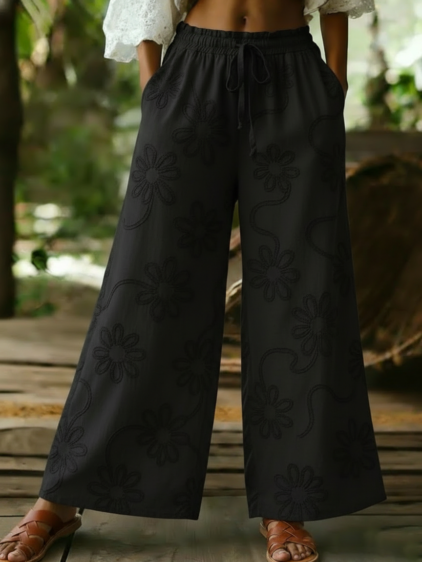 Cozy Romantic Floral Embroidery Cotton Wide-leg Pants