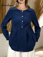 Women's Solid Color Round Neck Long-sleeved Casual Loose Cotton Top