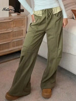 Women's Color-blocked Wide-leg Casual Pants With Elastic Waist And Drawstring Drawstring.