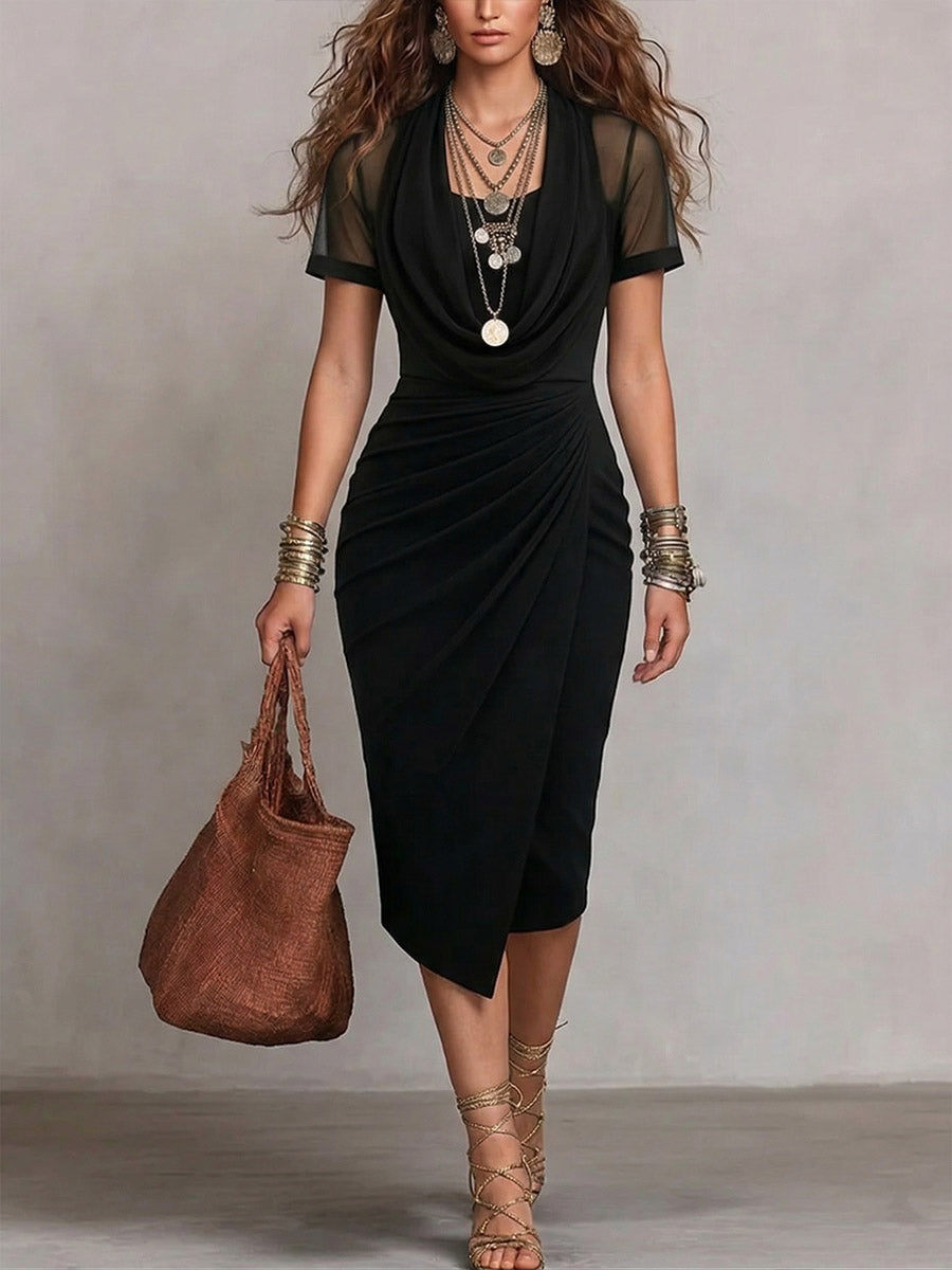 Women's Solid-color Cowl-neck Short-sleeve Casual Slim-fit Dress