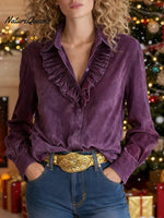Women's Solid Color Collared Ruffled Long-sleeved Casual Loose Faux Suede Shirt