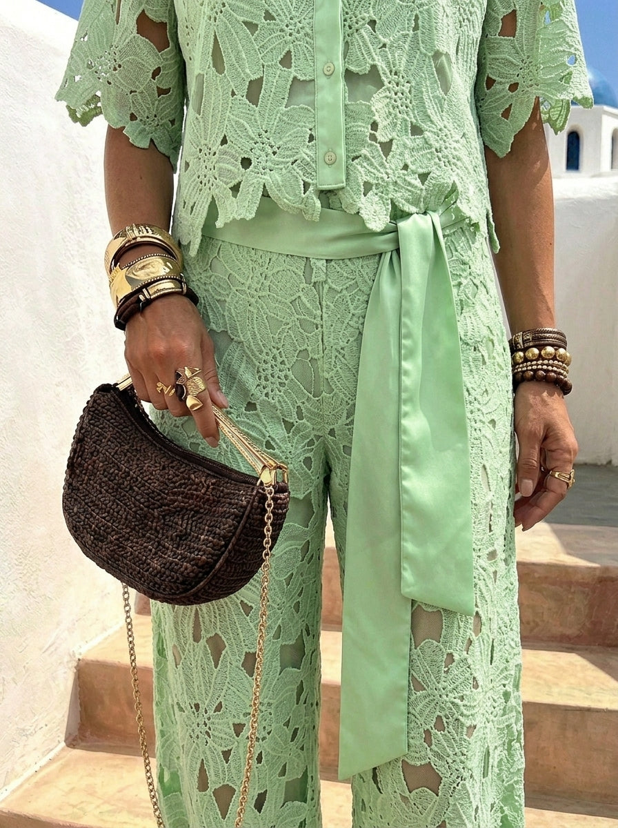 Women‘s Solid-color Cut-out Cardigan Top And Wide-leg Pants Two-piece Set For Women