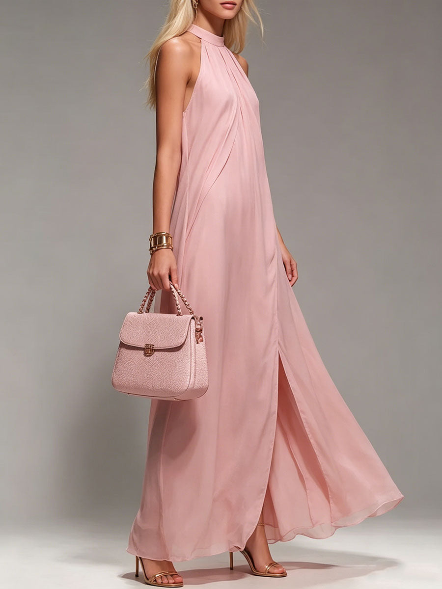 Women's Pink Halter-neck Backless Maxi Dress
