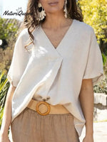 Women's Solid Color V-neck Short-sleeved Casual Loose Cotton And Linen Top
