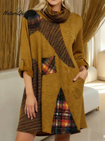 Women's Geometric Patchwork Print Swing Neck Long Sleeve Casual Loose Knit Top