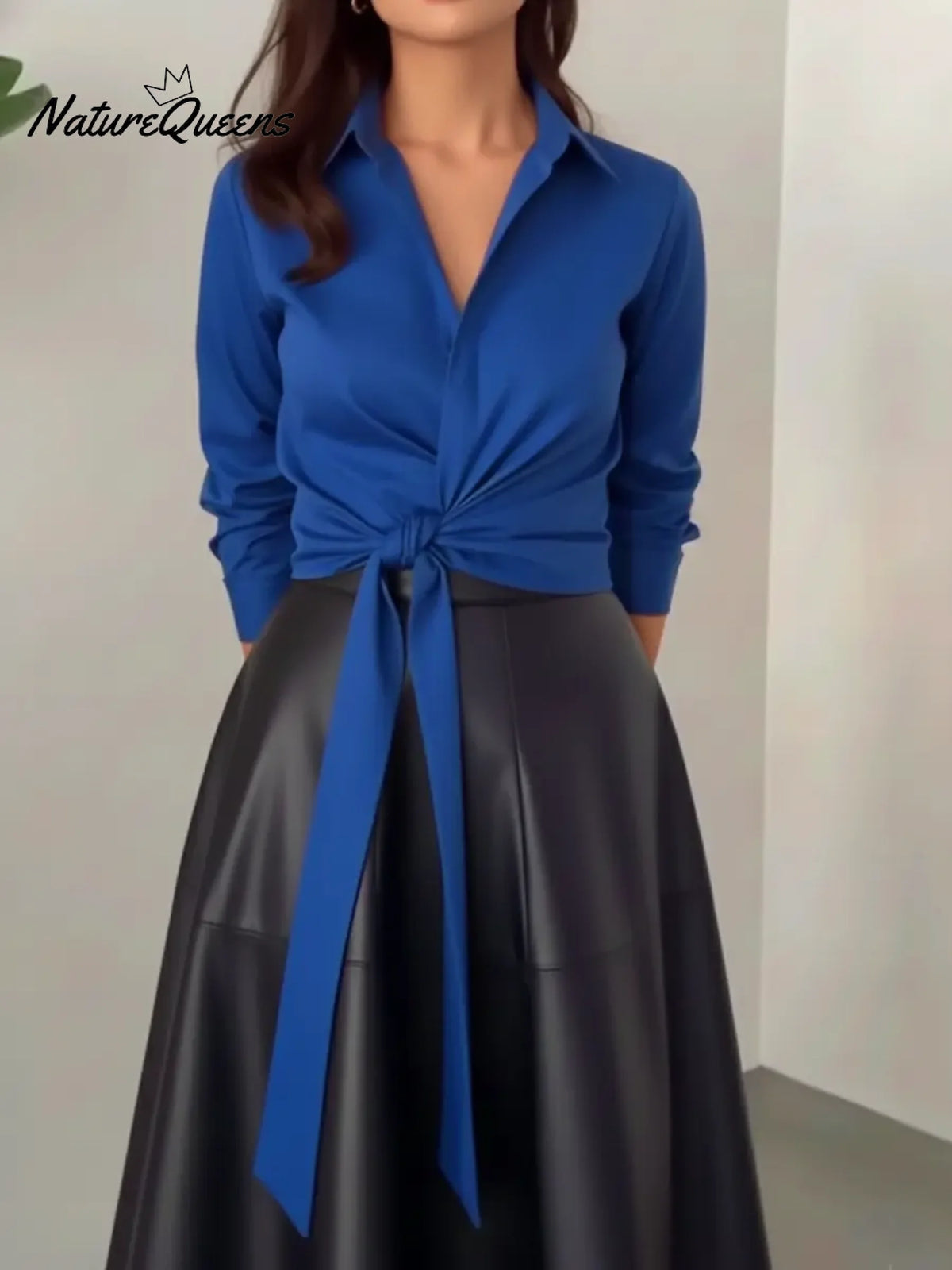 Women's Tie-front Cotton Long-sleeved Shirt