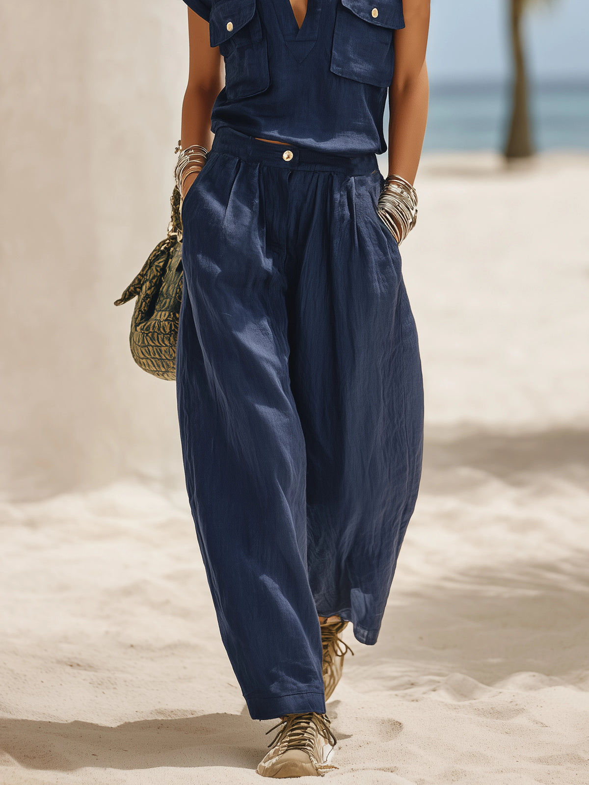 Linen-cotton V-neck Top & Wide-leg Pants Set
