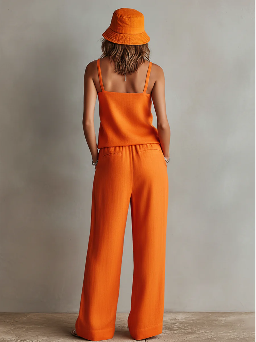 Casual & Simple Bright Orange Cotton-linen Two-piece Set