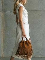 Women's Asymmetrical Front-button White Slit Lapel Sleeveless Dress