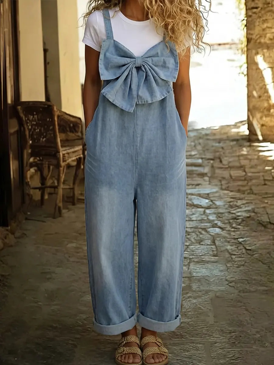 Women's Bow-tie Casual Washed Denim Wide-leg Jumpsuit