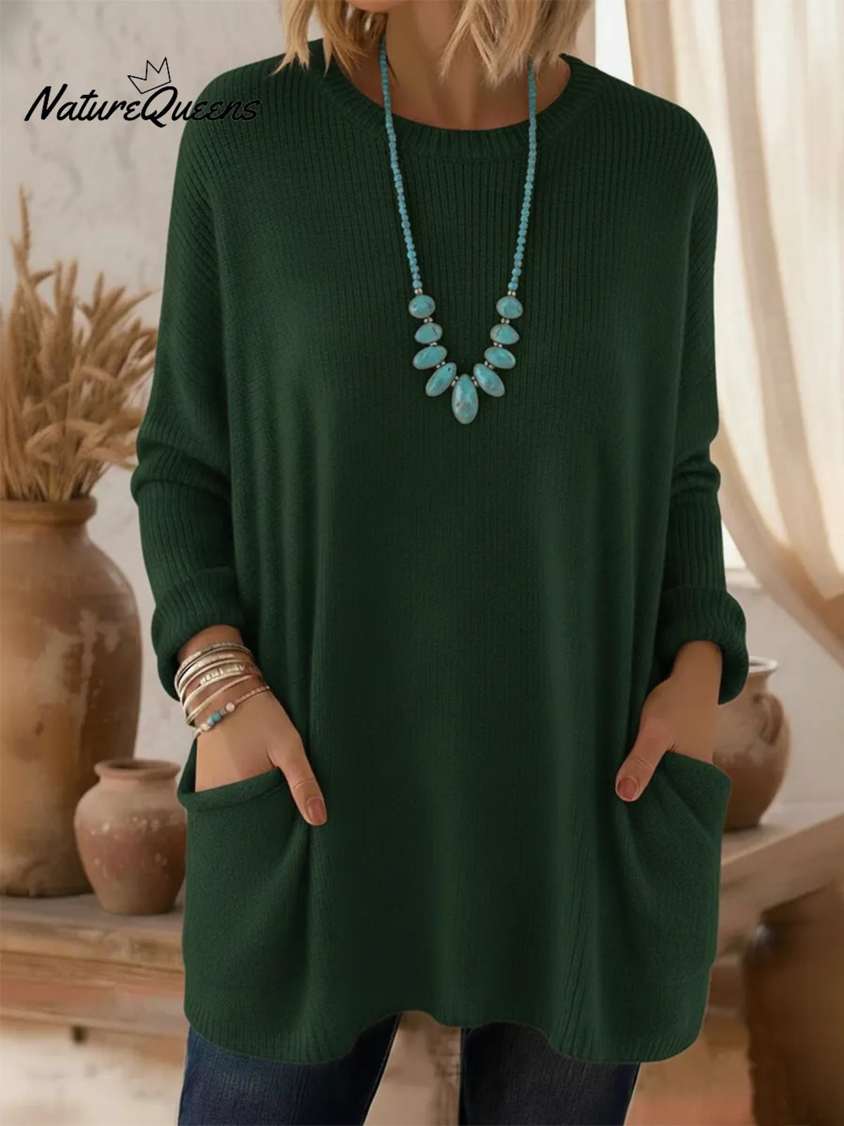 Cozy Loose-fitting Crew Neck Pocket Sweater Pullover