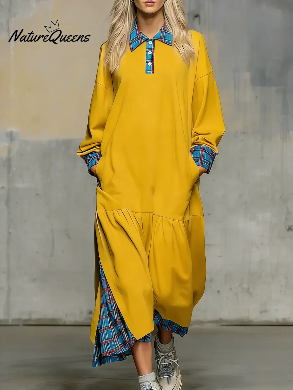 Women's Solid Color Patchwork Plaid Print Shirt Collar Long-sleeved Casual Loose Dress