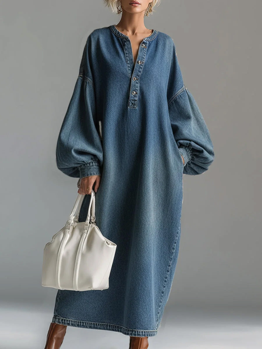 Women's Round Neck Long-sleeved Casual Loose Denim Dress