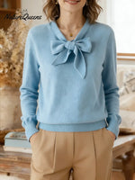 Women's Solid Color V-neck Bow Tie Long Sleeve Casual Loose Knit Sweater